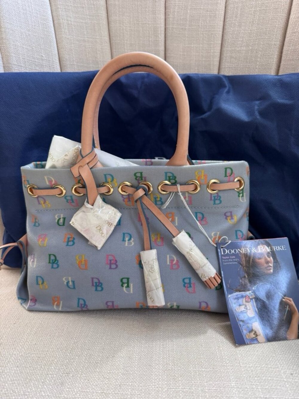 VTG NWT Dooney & Bourke Y2K Blue Rainbow Monogram Satchel Vachetta Leather Trim - Picture 2 of 16